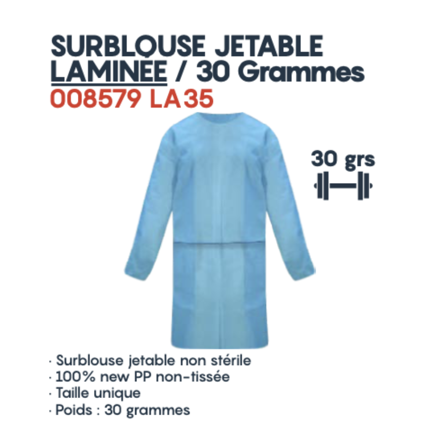 Surblouse jetable laminée 30 grammes Bleu