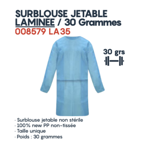 Surblouse jetable laminée 30 grammes Bleu