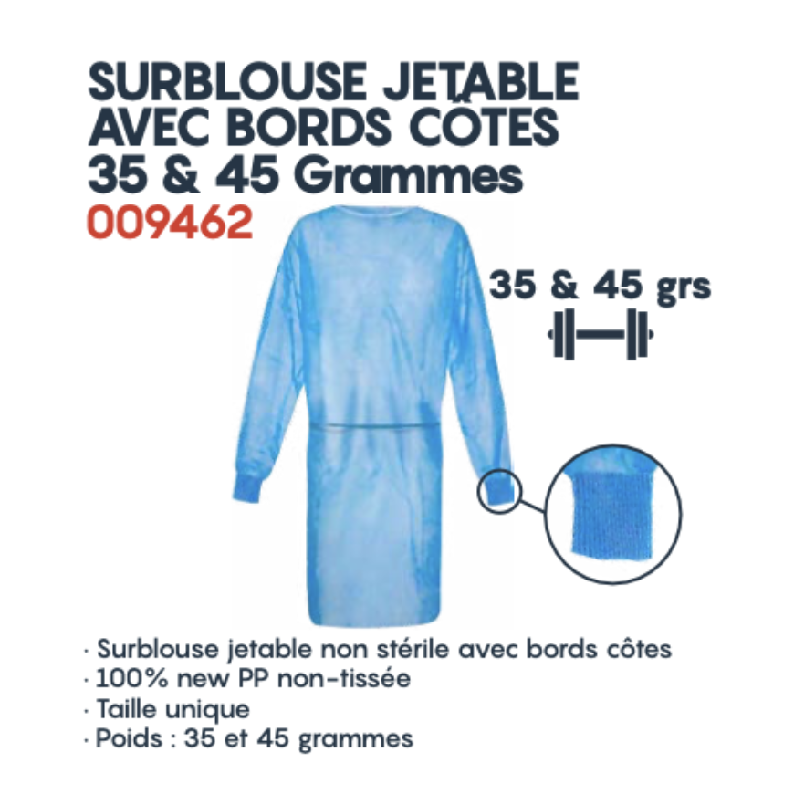 Surblouse jetable avec bord de côtes 45 grammes Bleu